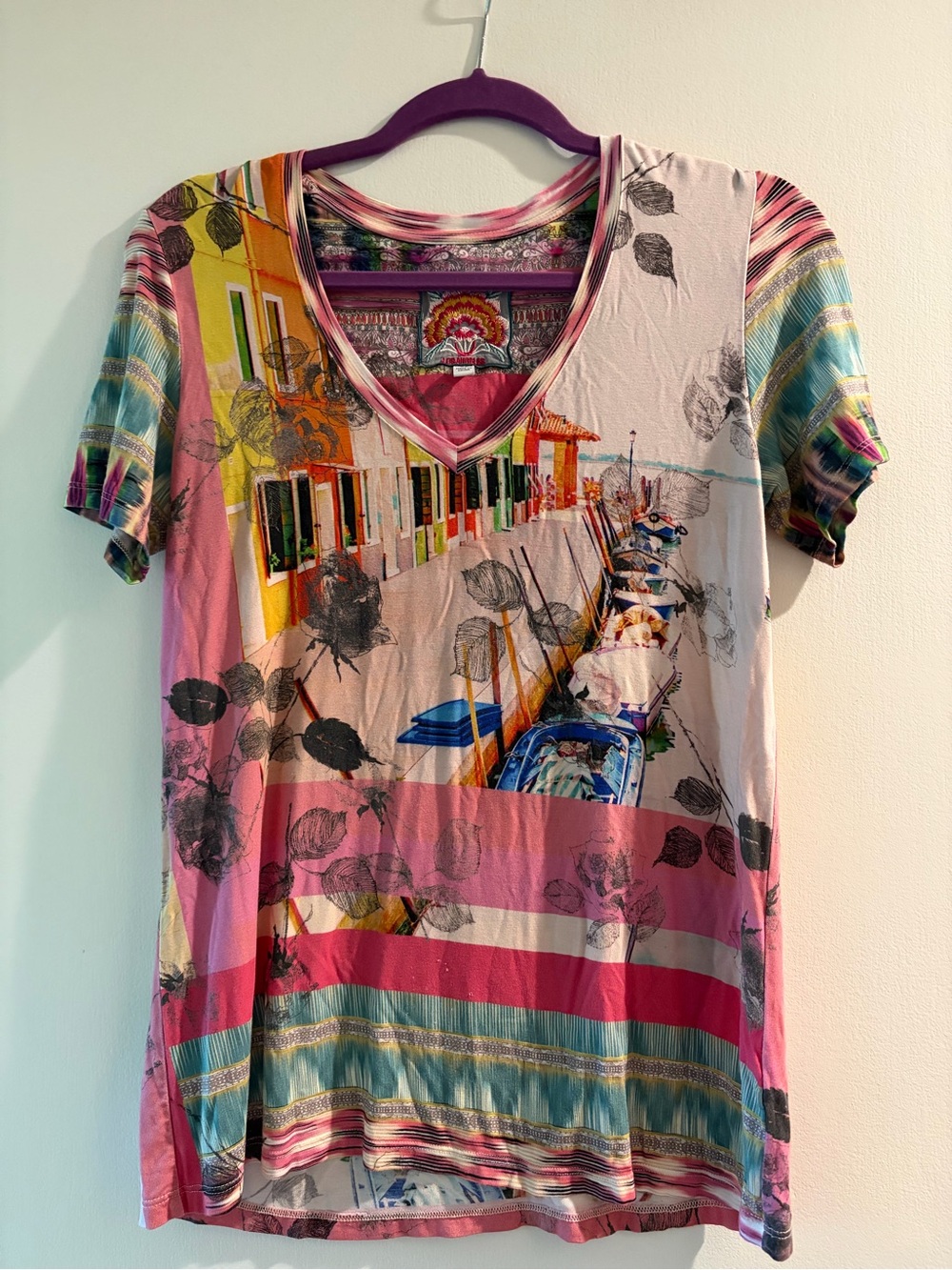 Johnny Was Pink Multi Scenic V-Neck Short Sleeve Tee